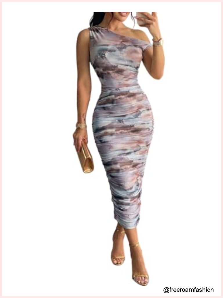 One Shoulder Mesh Ruched Bodycon Midi Dress